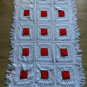Handmade Crochet Blanket with 3D Red Floral Roses